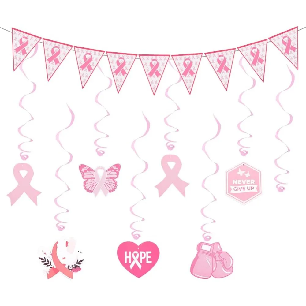 Breast Cancer Awareness Decorations, Pink Ribbon Pennant Banners Wall Hanging Hope Butterfly Bird Swirls Set for Breast Cancer