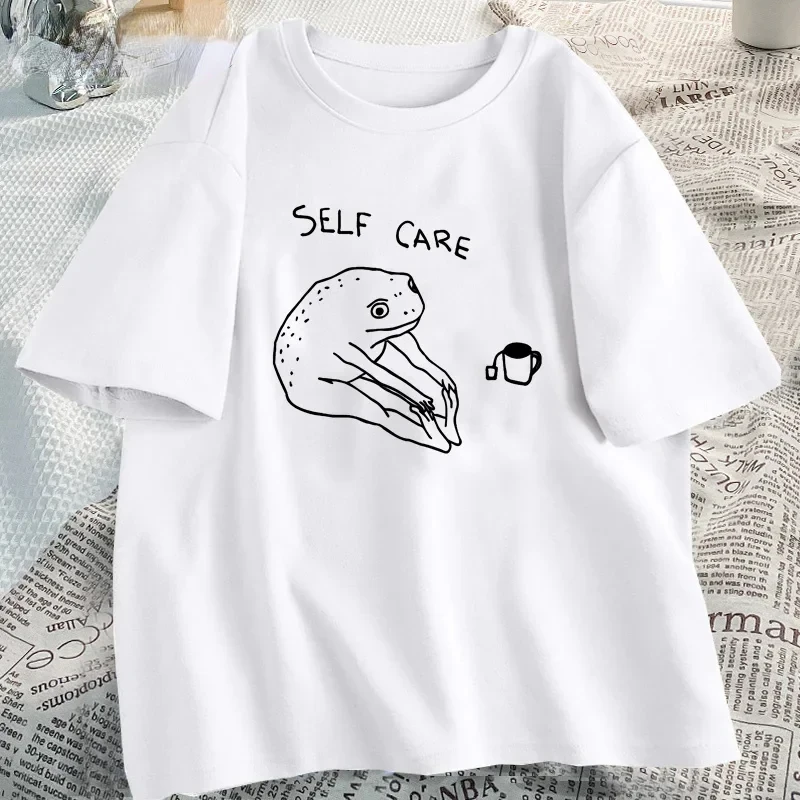 Funny Frog Self Care Women Retro Cottagecore T Shirt Summer Cotton Short Sleeve Womens Clothing Harajuku Oversized Tshirt