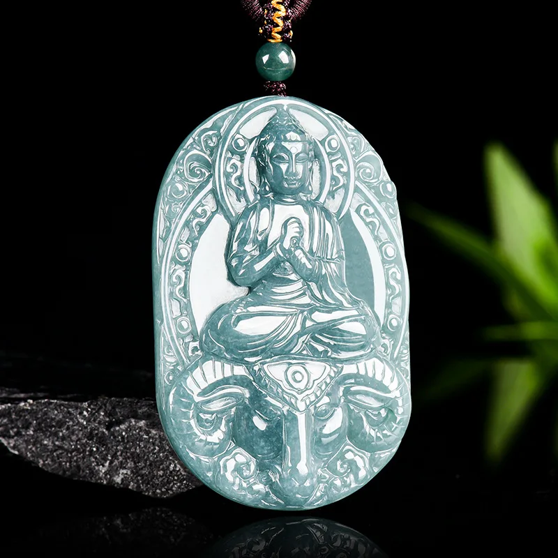 Natural A-grade Blue Water Jadeite Pendant For Men Women Buddha Amida Sheep Zodiac Guardian Personal Protector Drop Shipping