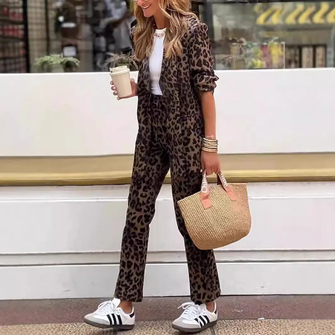 2024 Autumn Winter High Waist Leopard Print Long Sleeve Top And Pants Set Women's Fashion Cross-Border Clothing Polyester Fabric