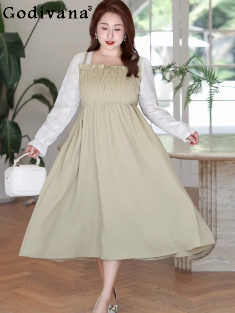 

Большой размер, женское весенне-осеннее модное платье с длинными рукавами и квадратным воротником, универсальное свободное платье трапециевидной формы с высокой талией, искусственные платья из двух частей