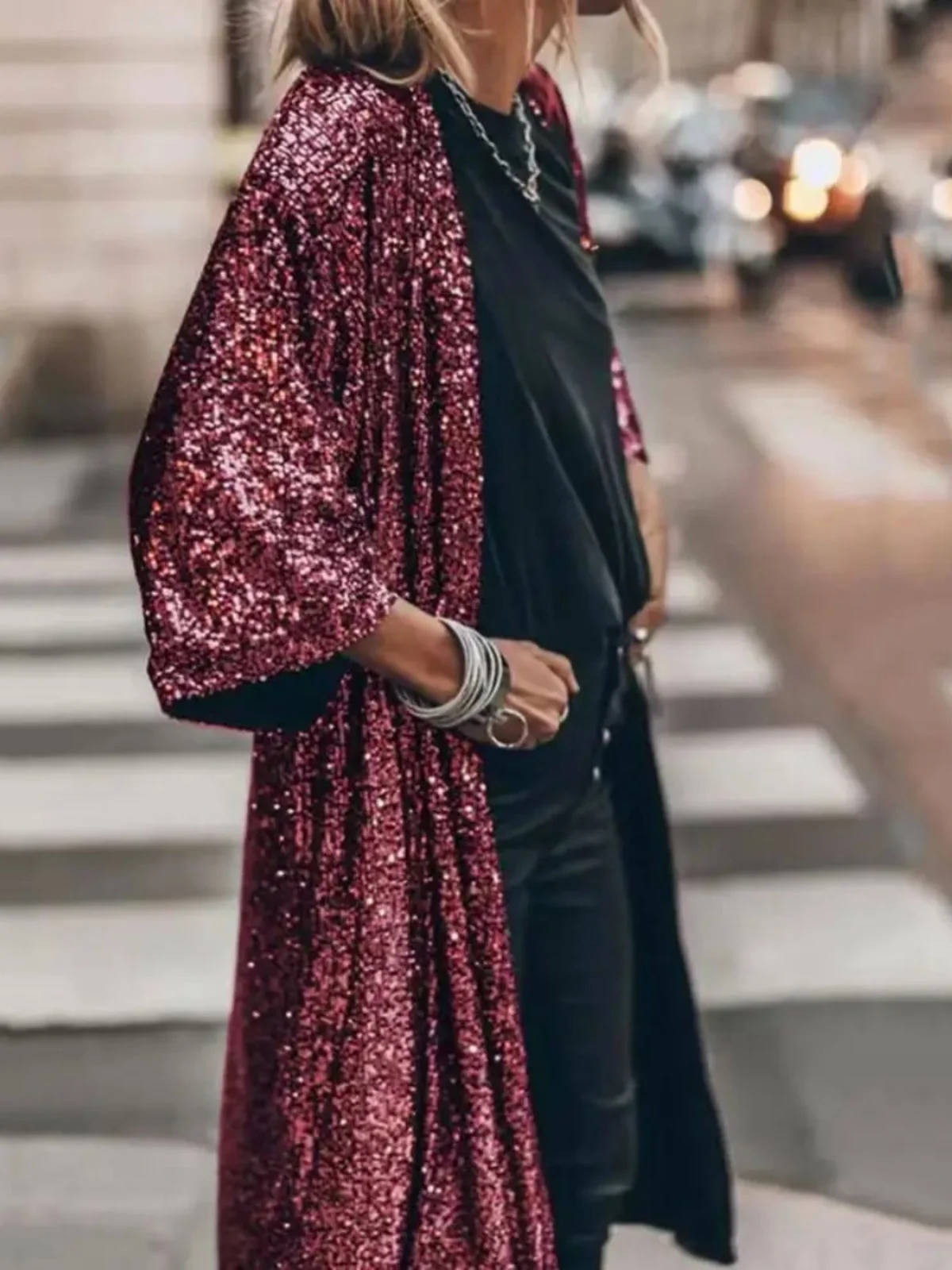 女性用 スパンコール ロング カーディガン ジャケット スパークリング オープン シャツ アウター ストリート スタイル スタンドカラー フルスリーブ ルーズ フィット コート