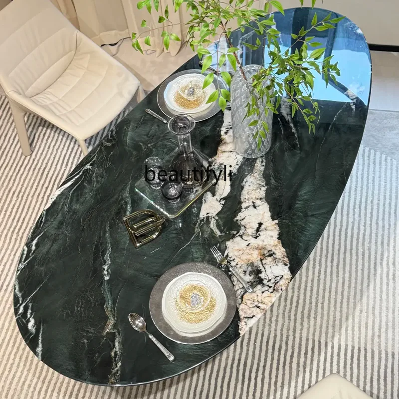 

Natural mica green luxury stone dining table water drop oval, green dining table, green marble dining table