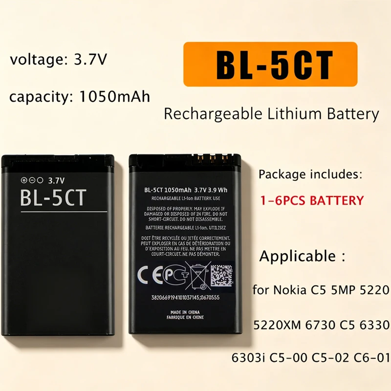 

BL-5CT BL 5CT BL5CT Mobile Phone Battery 3.7V 1050mAh Rechargeable Batteries for Nokia C5 5MP C5-00 MP C6-01 RM-776 C6-01 C3-01