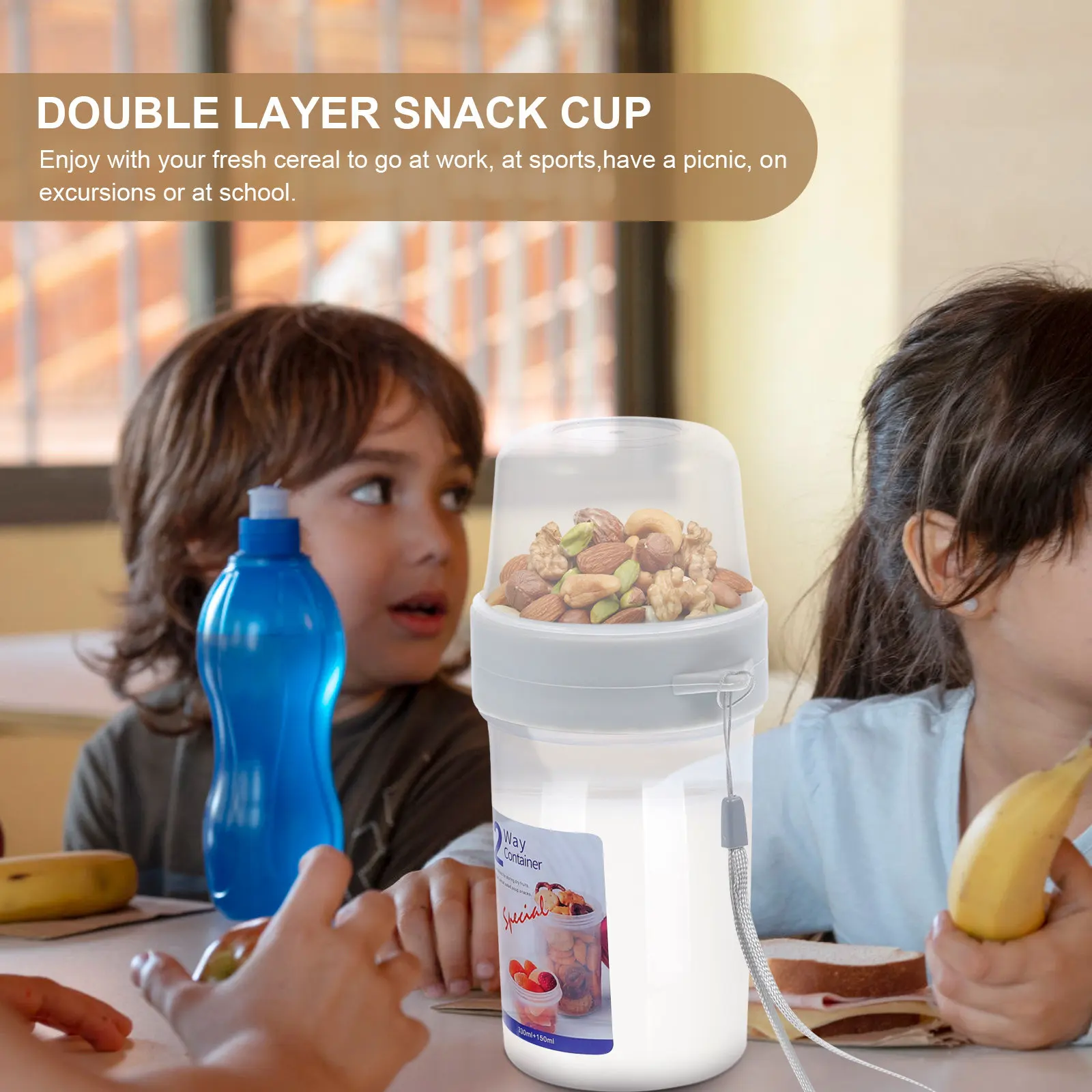 

Double Layer Portable Breakfast Cup with Lanyard for Fruit Cereal Oatmeal Yogurt Fresh-Keeping Sealed Food Storage Container