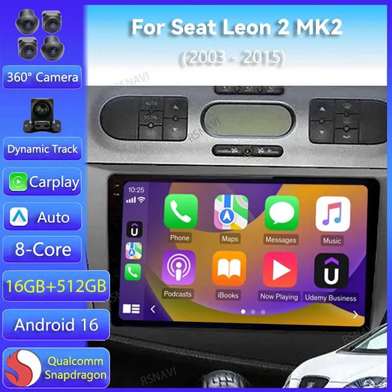 Radio Multimedia para Auto con Android 16, Reproductor de Video, Carplay para Seat Leon 2 MK2 2004 2005 - 2015 (Volante a la Derecha), WIFI+4G, GPS, Navegación, Estéreo, DSP