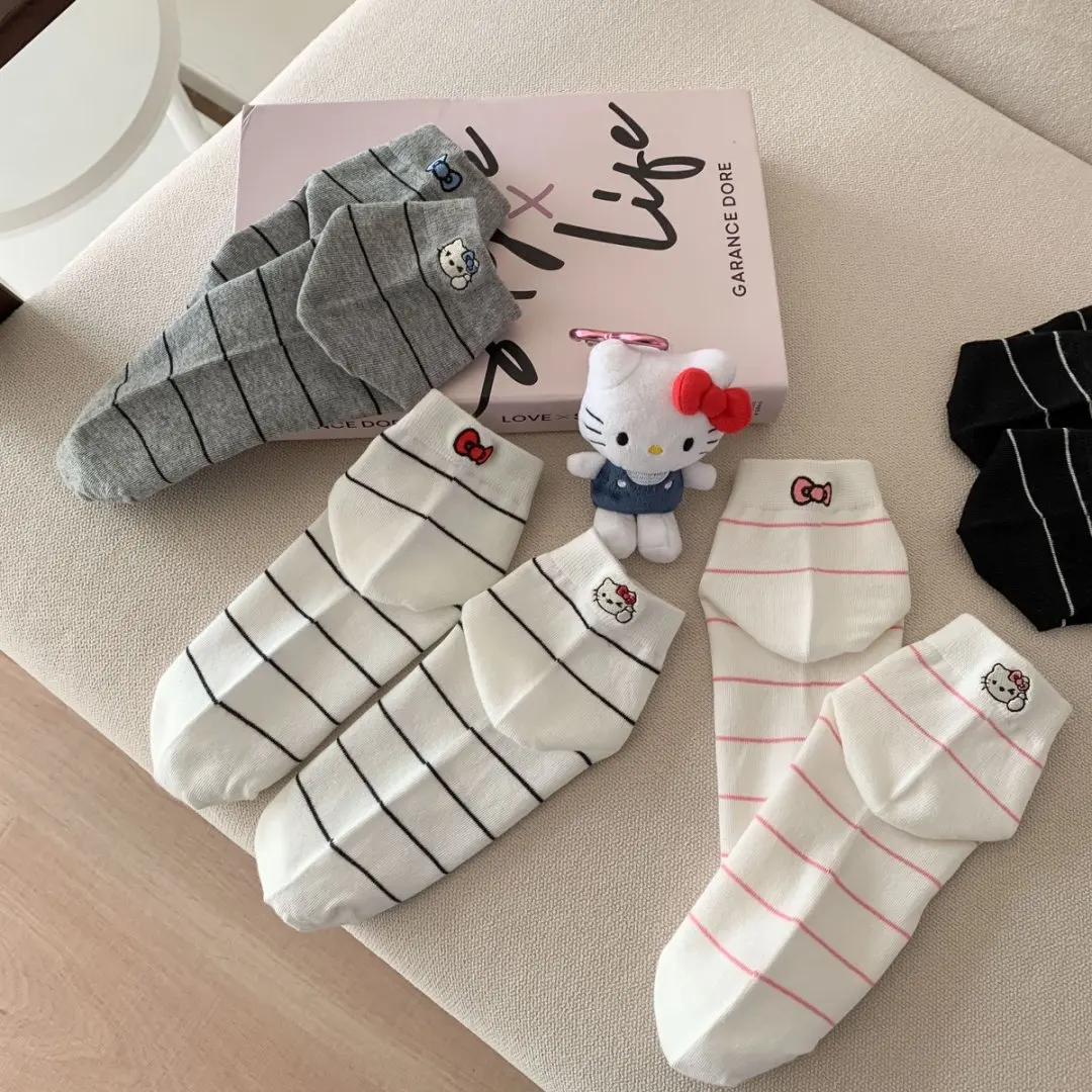 4 Pairs of Spring and Summer New Products Thin Children Bow Kitten Socks Short Socks Casual Cute Cartoon Striped Women's Socks