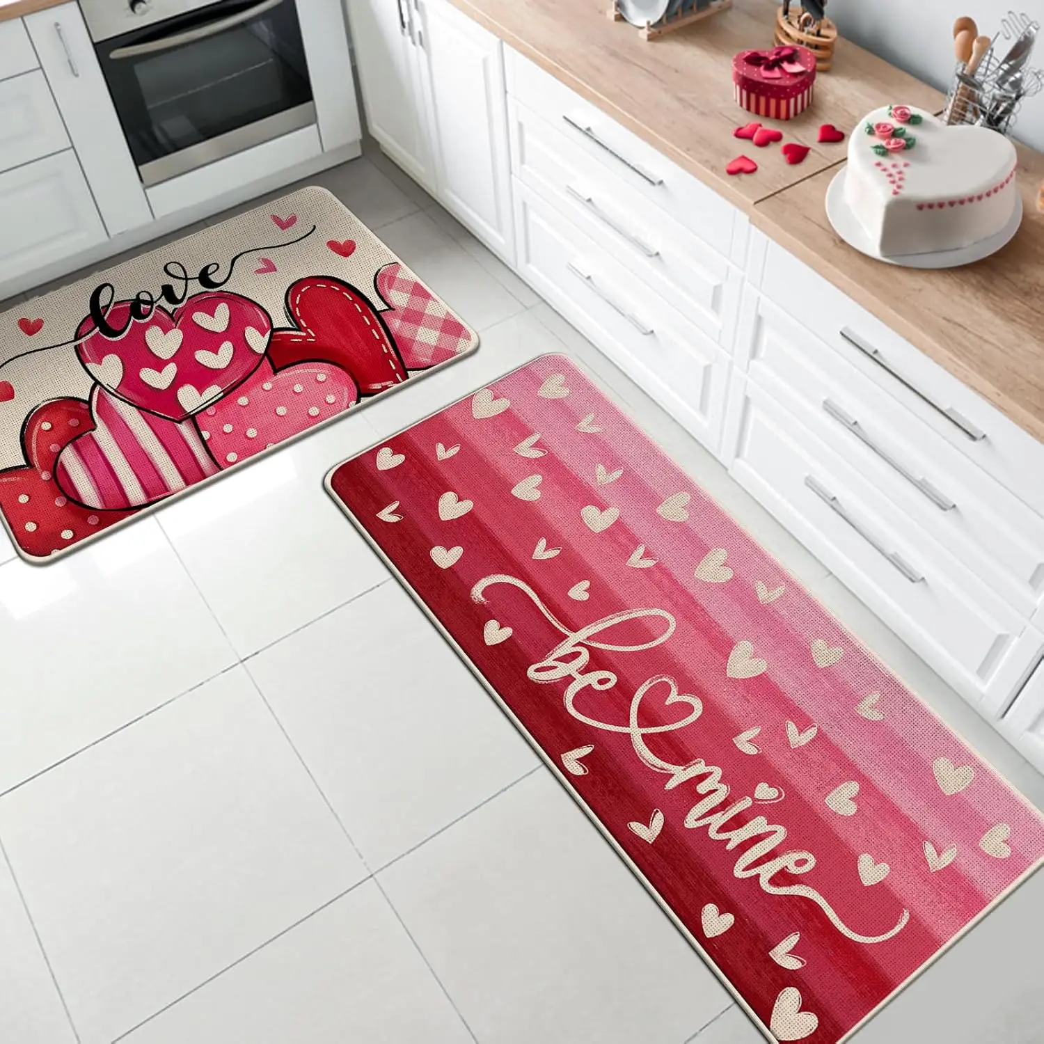 VIKAMA 1/2 Stück herzförmiger Küchenteppich zum Valentinstag, Jahrestag, Hochzeit, Feiertags-Bodenmatte, Heimdekoration