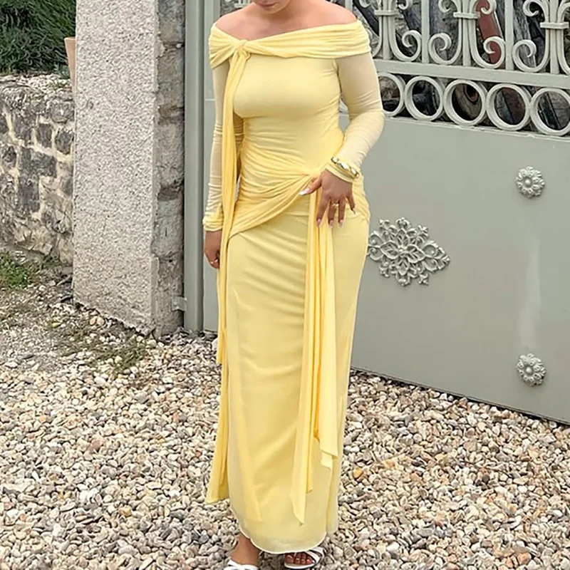 Spring Autumn Off Shoulder Long Sleeve Party Dress Womens Sexy Slash Neck Hollow Long Dress Elegant Lace-up Slim Bodycon Dresses