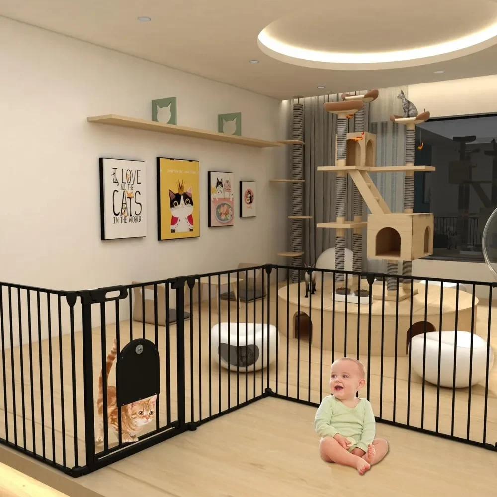 

192" Extra Wide Baby Gate with Cat Door, Foldable Dog Gate Pet Gate for House Stairs Doorways Fireplace