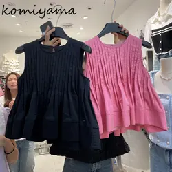 Komiyama O Neck Pleated Shirts Blouses Loose Sleeveless Blusas Mujer Koreasn Chic Ruched Hem Shirt Tops Summer Clothes Women