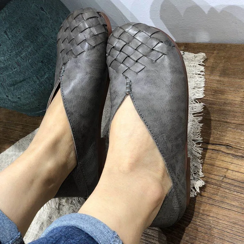 Birkuir weave Flats Shoes Retro Closed Toe Slippers For Women Round Toe Loafers Slip On Low Heels Genuine Leather Soft Soles