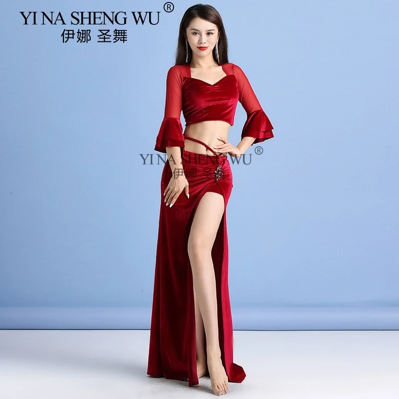 

Комплект из 2 предметов, костюм для танца живота, новая осенне-зимняя сетчатая бархатная сексуальная тренировочная одежда для женщин, костюмы для танца живота