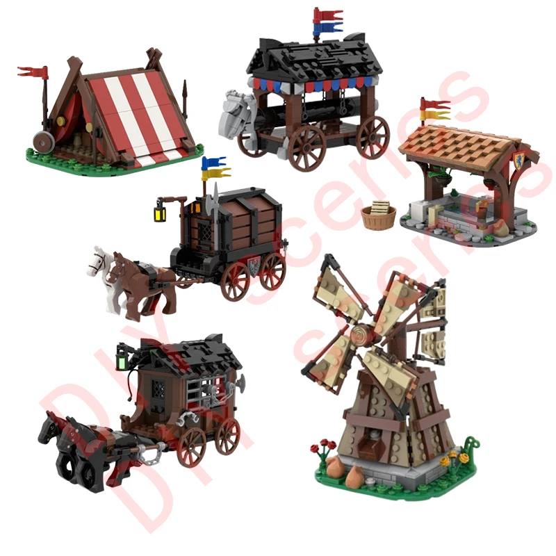 Small Pieces Assembling BlocksMOC Viking Tent Medieval Castle Battering Malt Laundry Carriagefang Scene Model Playset ...