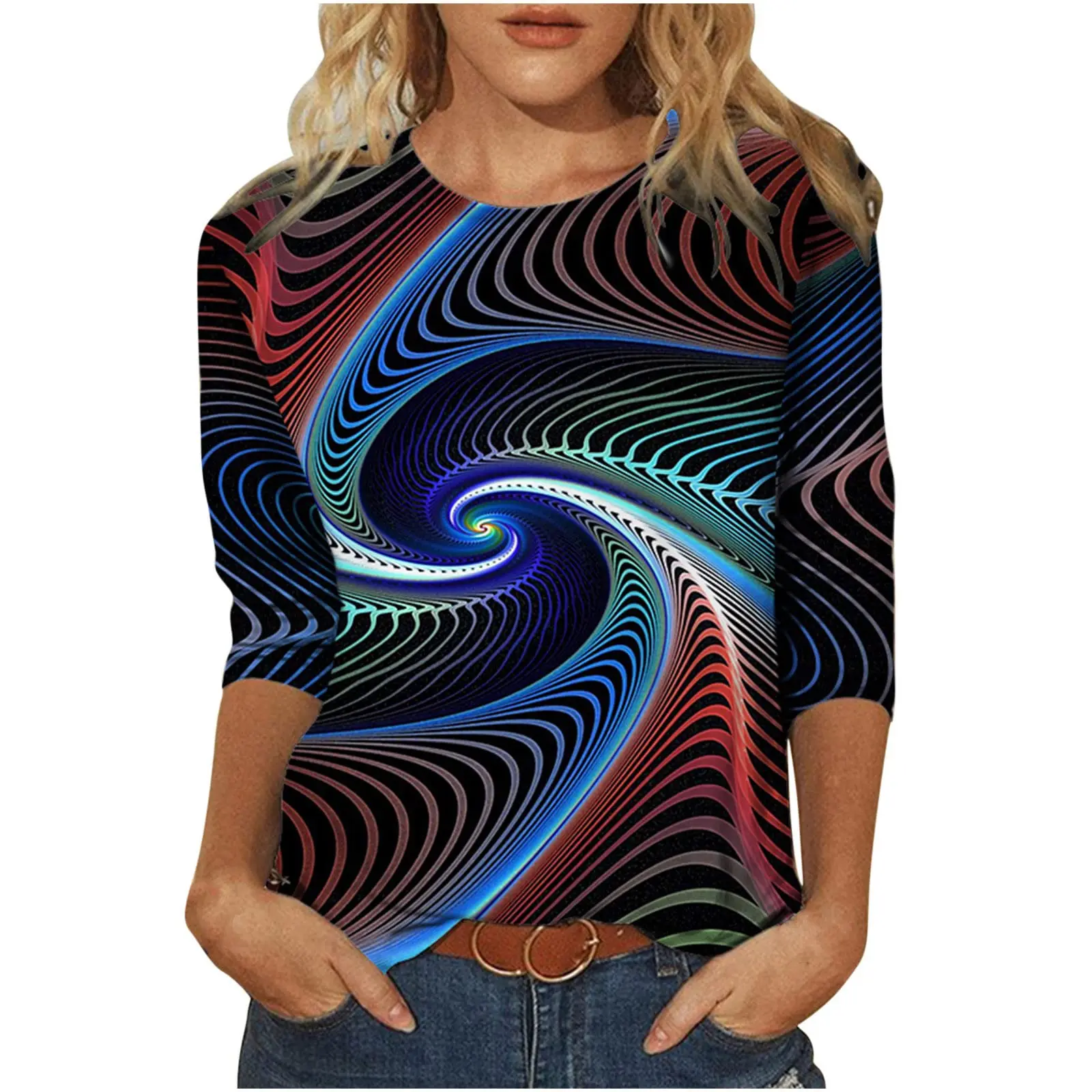 Women's T-shirt 3d print abstract optical illusion casual long sleeve round neck regular tops daily print pink spring autumn