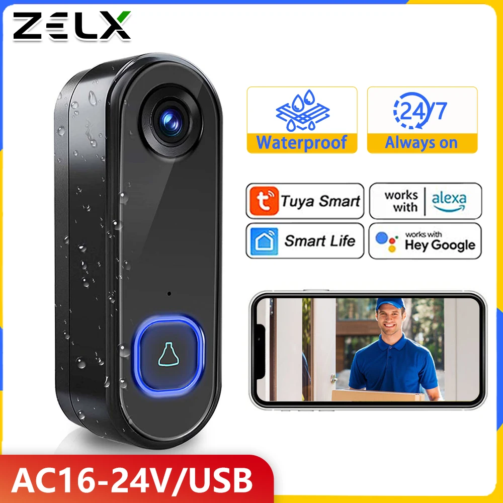 Video Doorbell WiFi TUYA Wireless Outdoor 1080P Phone Door Bell Camera AC USB Power Security Video Intercom IR Night Waterproof