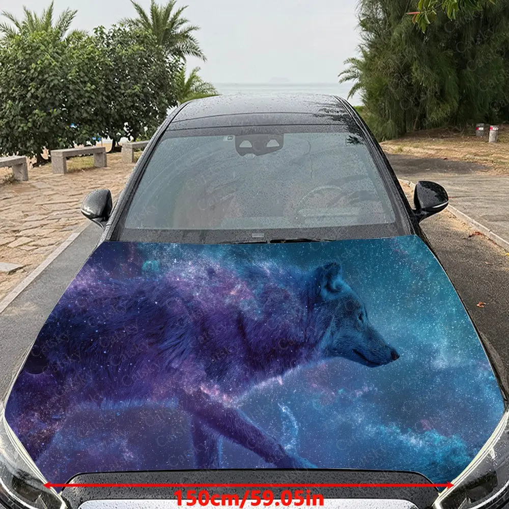 Car Decal Artistic Fusion of Wolf and Cosmic Elements in Vibrant Purple Galaxy Style Car Hood Sticker, Waterproof Self - Adhesiv