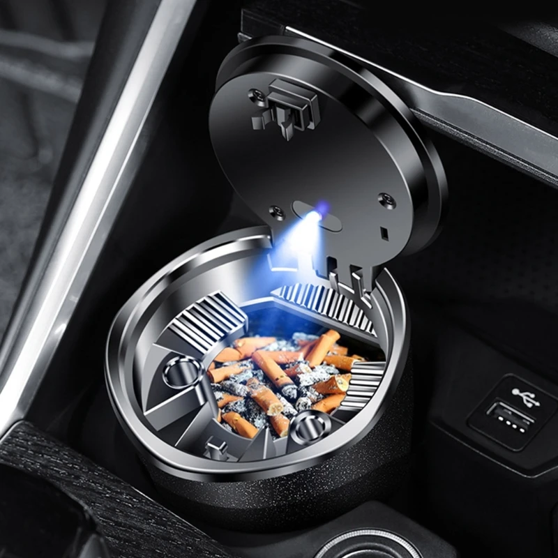 Car Ashtray with Lid and Automatic LED Lighting Cup Holder Mount Ashtray Flame Retardant Lining Sealed Ashtray