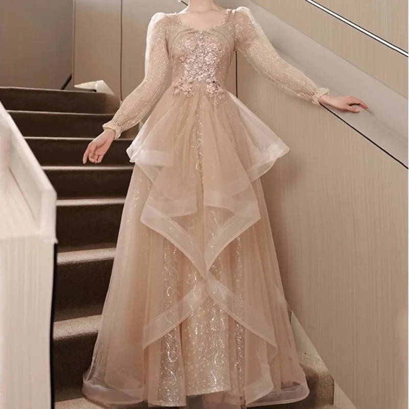 CustomizedFrench Style Luxury Square Appliques Evening Dresses Tulle A Line Prom Formal Dresses Elegant Long Sleeves Vestidos De