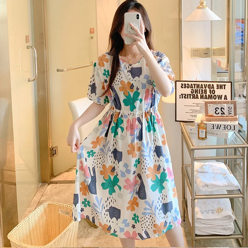 New Fashion Nightdress Ladies' Cotton Silk Nightgown Gown Outerwear Dress Sleepwear Women Elastic Belt