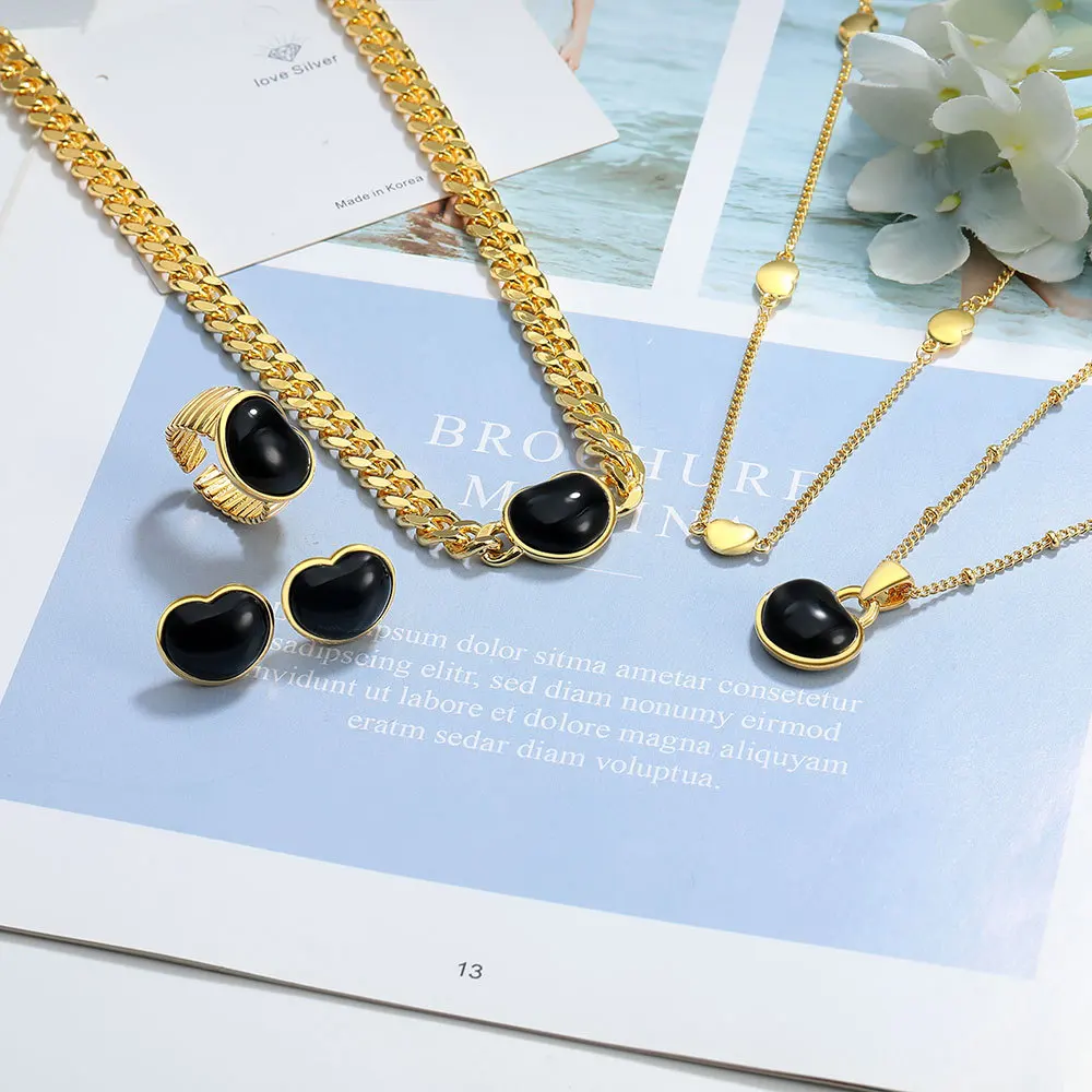 

925 Sterling Silver Gold Heart Black Agate Necklace Earrings Ring Ladies Fashion Simple Birthday Party Anniversary Jewelry Gift