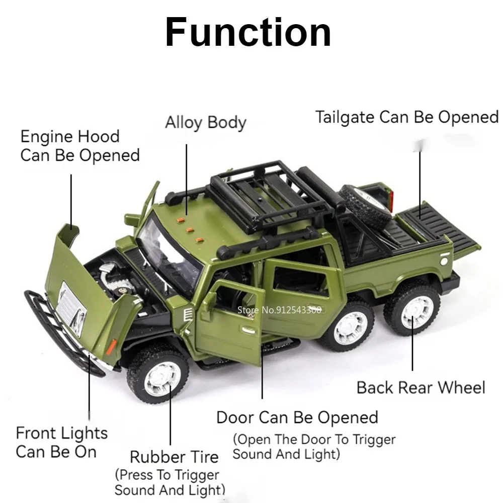 1/32 Six Wheel Hummer Model Car Toy Alloy Body Rubber Tire Doors Opened Pickup Off-road Vehicle Models Sound Light Gifts for Kid