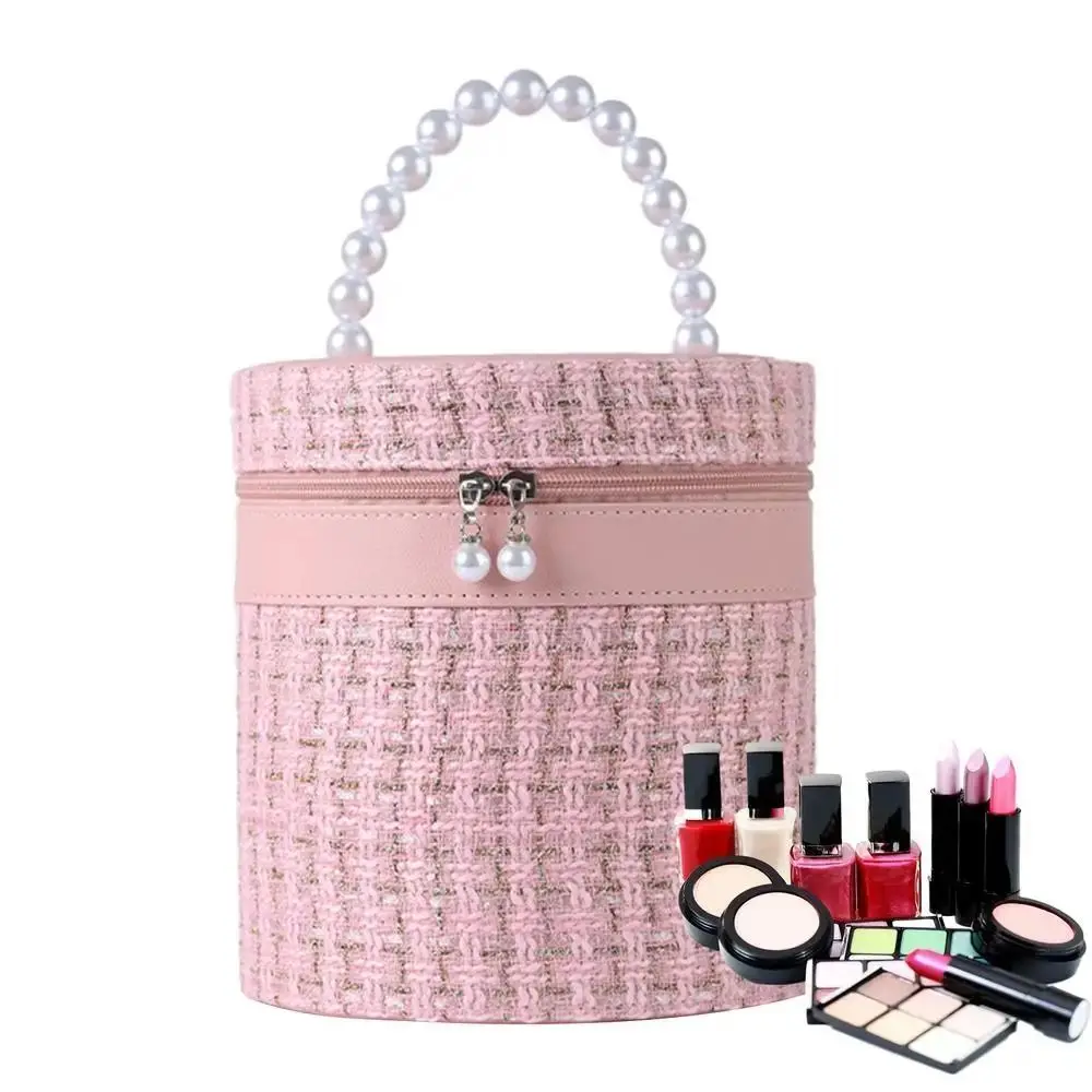 New Practical Large Capacity Makeup Bag with Mirror Nylon Round Bucket Travel Toiletry Bags Portable Cosmetic Storage Pouch