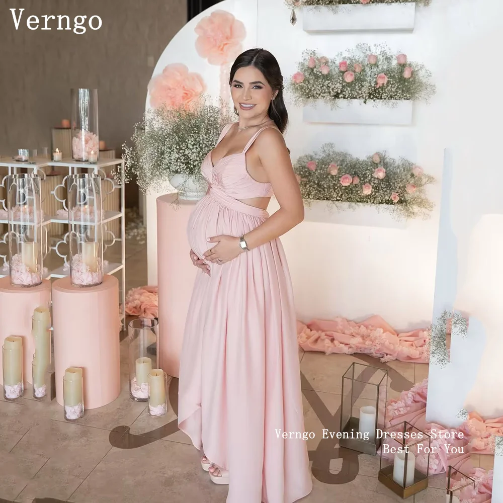 

Verngo Pink Satin Evening Dress Spaghetti Straps A Line Prom Gowns Simple Pregnant Gowns Celebrity Mother a