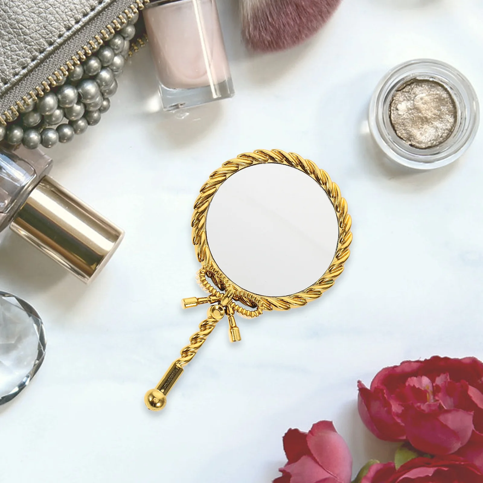 Specchio per trucco vintage portatile da 3 pezzi con cornice in plastica, manico elettrolitico, specchio compatto portatile per viaggi a casa da donna