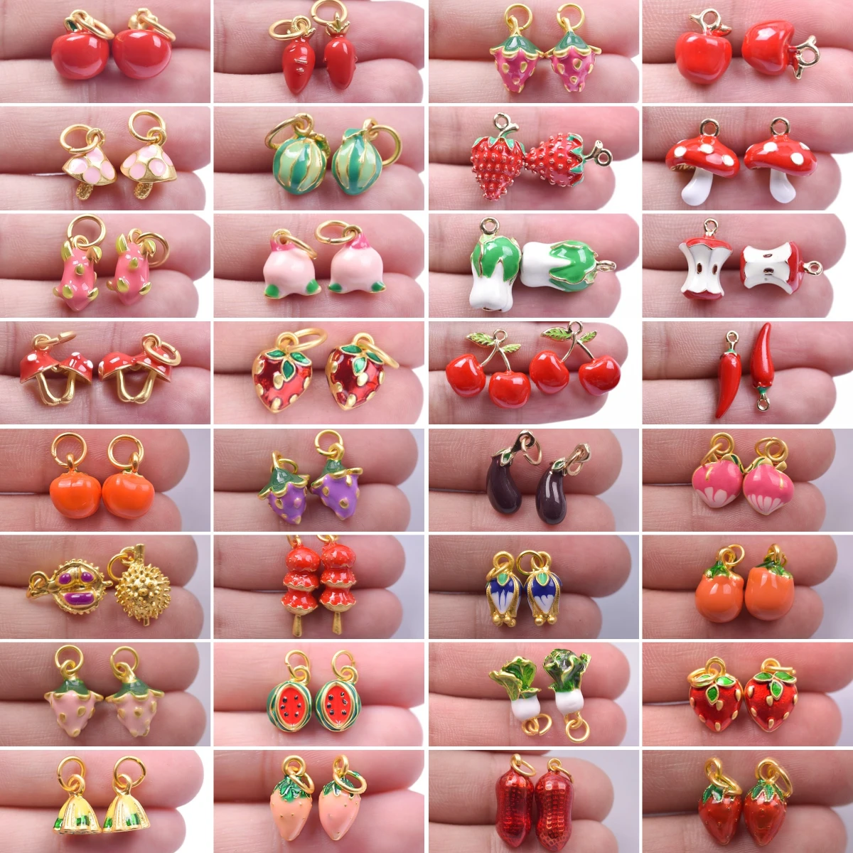 Dijes de aleación de esmalte 3D para fruta, verdura, manzana, plátano, fresa, sandía, Mango, pimienta, melocotón, cereza, accesorios colgantes, 4 piezas