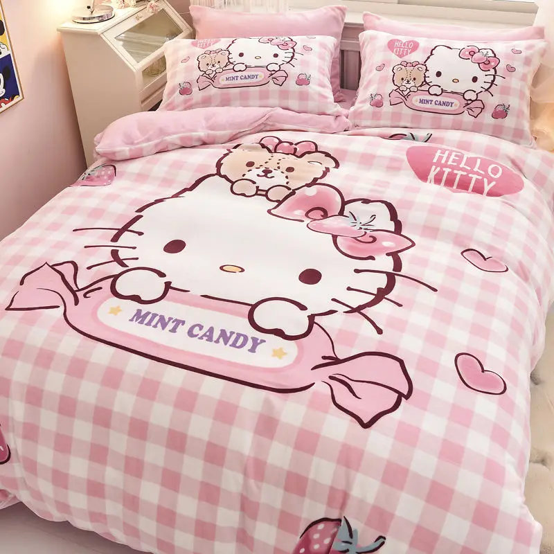 Новый Hello Kitty My Melody Cinnamoroll с мультяшным принтом, осенне-зимний комплект простыни и пододеяльника для спальни в общежитии