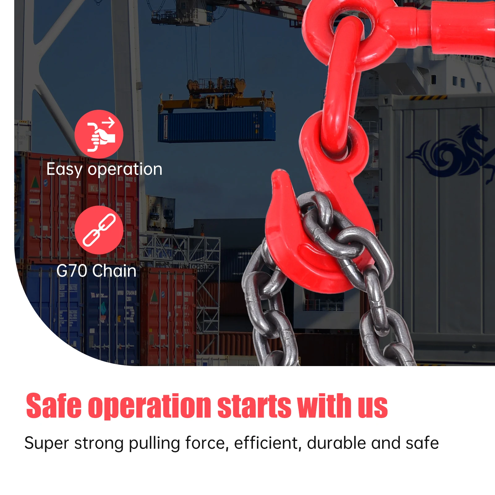 Łańcuchy holownicze o wysokiej wytrzymałości 4900 kg z napinaczami G80, zestaw łańcuchów 20' z napinaczem ładunku.