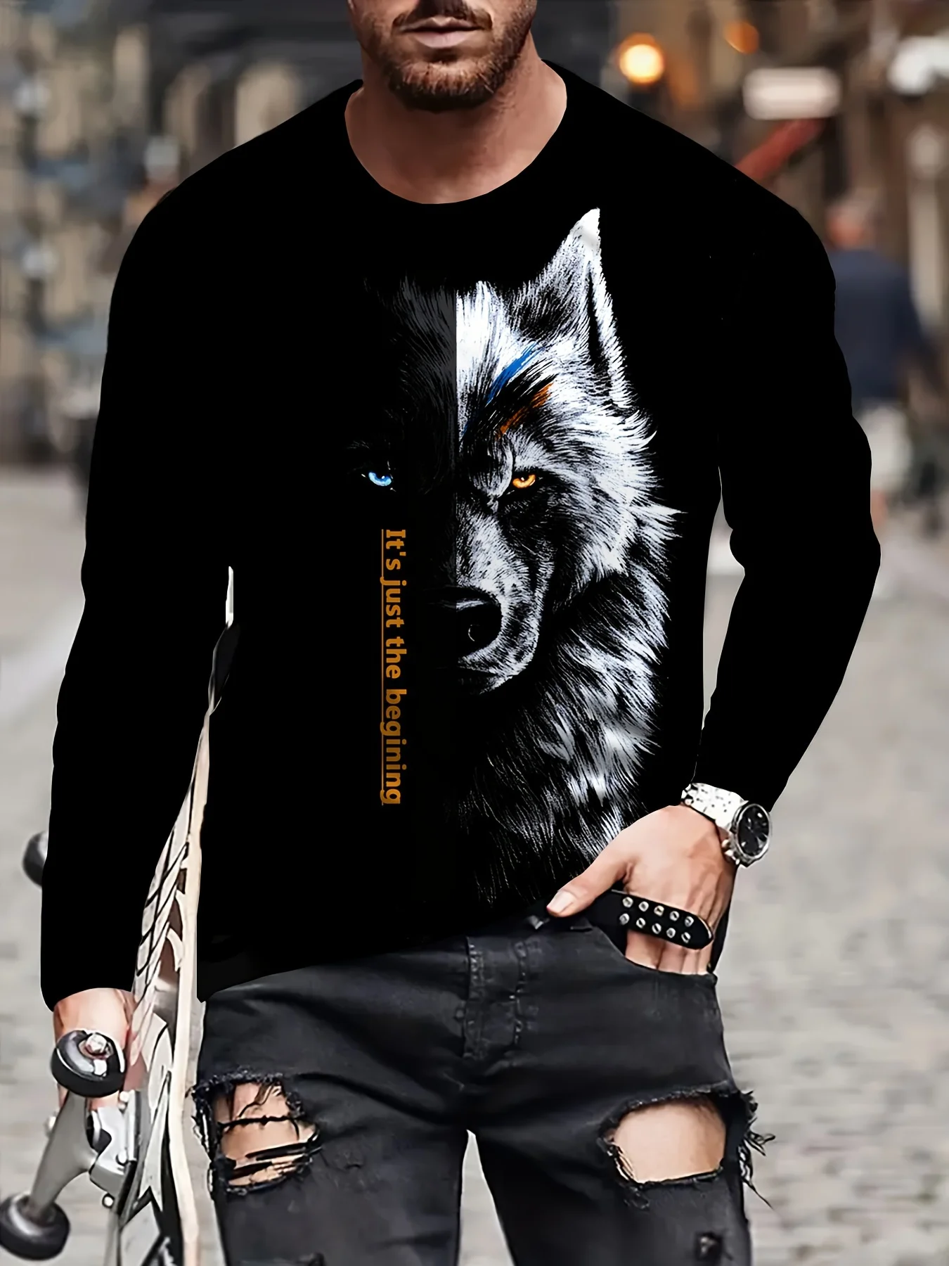 Camiseta de manga larga con estampado 3D de cabeza de lobo para hombre, Camiseta de cuello redondo, tops transpirables de manga larga de marca