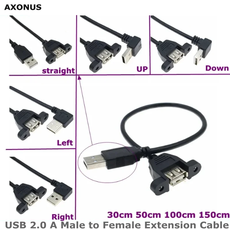 

90-градусный вверх, вниз, левый и правый удлинительный кабель USB 2.0 A «папа-мама» с винтовым отверстием для монтажа на панели для компьютерного адаптера