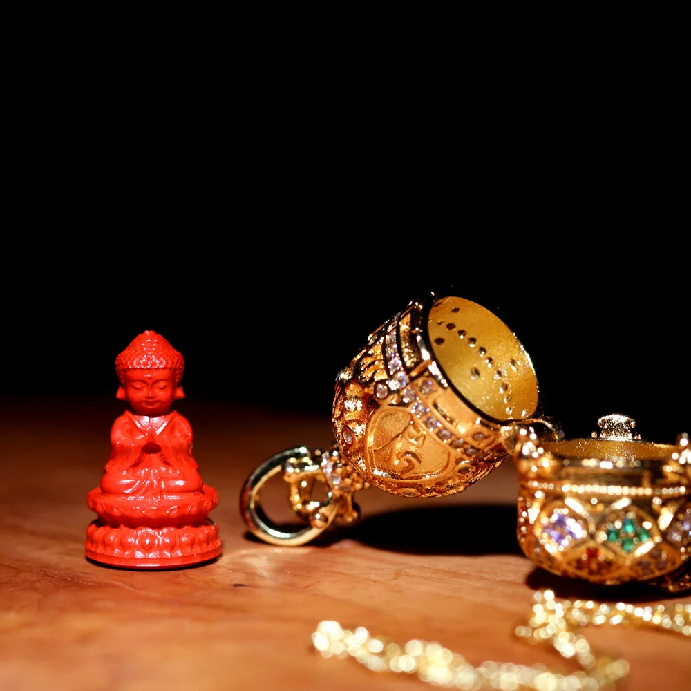 Chinese Style Lucky Blessing Cinnabar Little Buddha Pendant Zircon Inlaid Ga Wu Box Gold Plated Necklace For Women Men Zodiac