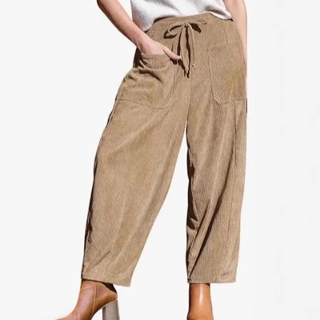 Women's Corduroy Pants  Loose Wide Leg Pants  Casual Elastic Waistband  Haren Pants with Pockets