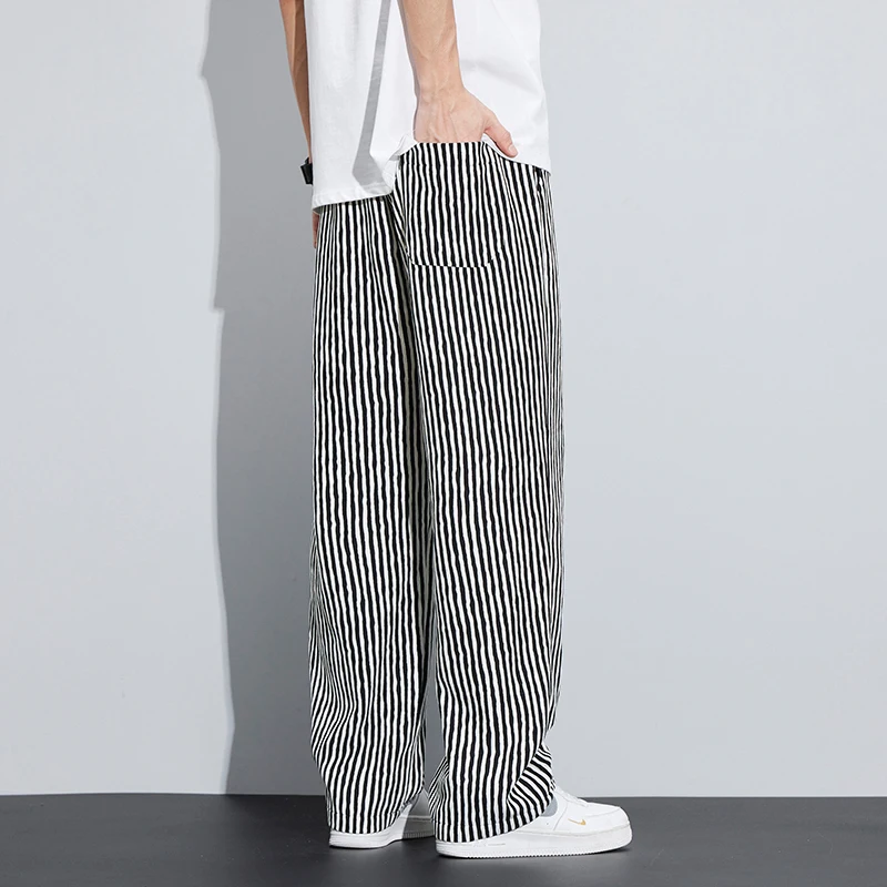 Spring Summer Stripe Casual Pants Men Wear Loose Straight Wide Leg Drawstring Elastic Waist Pant Jogger Trousers Male Streetwear