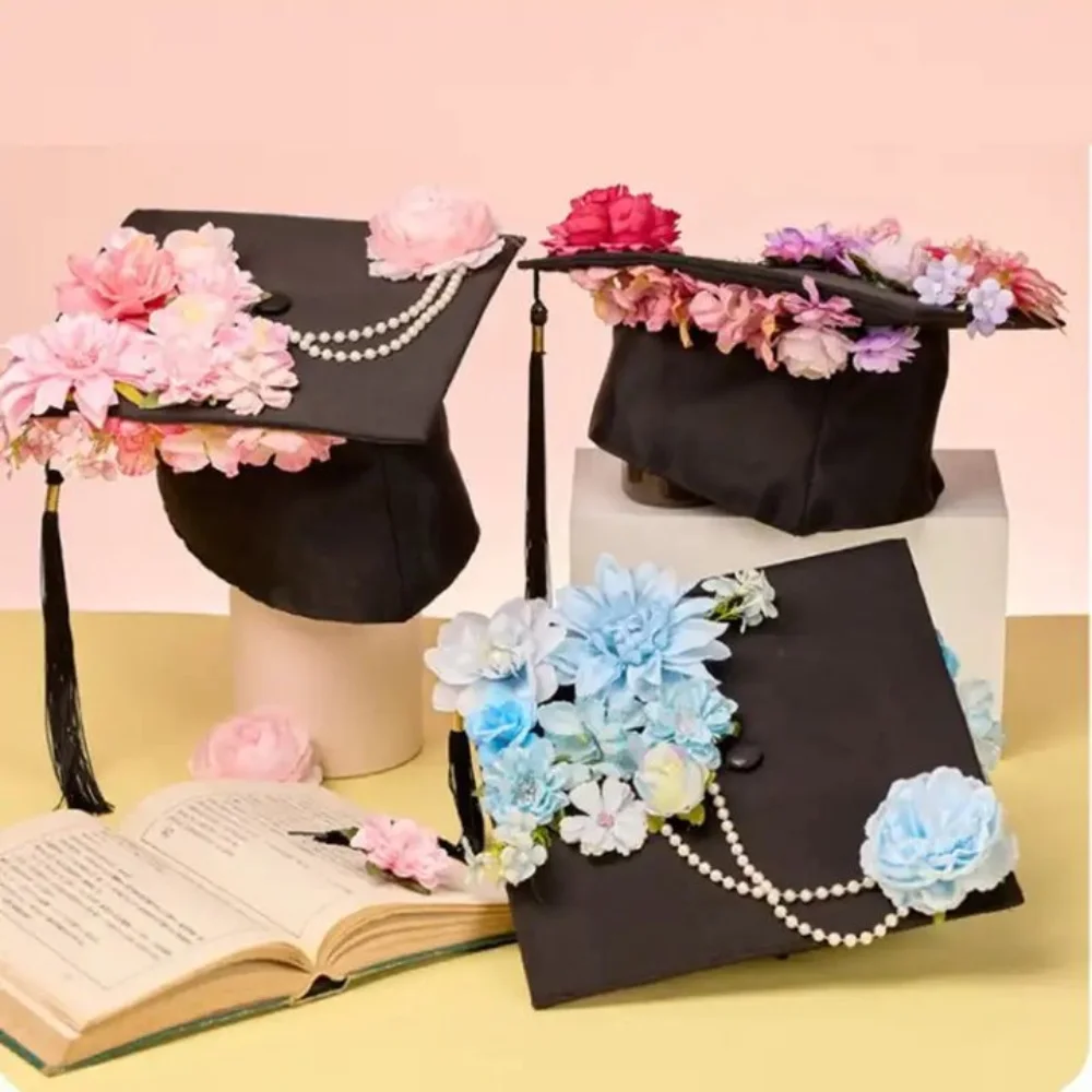 Trencher Cap DIY Flowers Graduation Cap Mortar Board Adjustable Kids Academic Hat with Tassels Bachelor Fringe view 3
