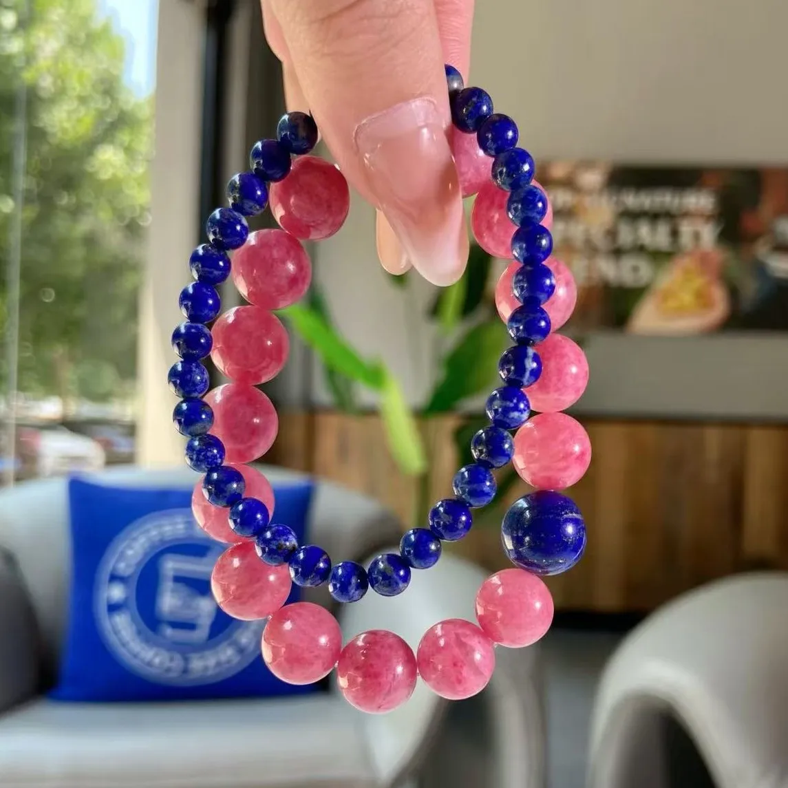 

Natural 11mm Rosestone Bracelet, Stacked 5mm Stone Lapis Lazuli Old Mine Bracelet, Double Circle, Fashion Jewelry.