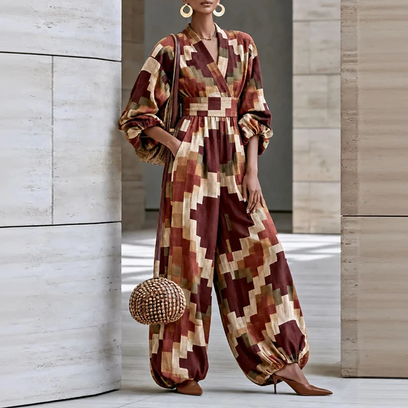 Geometric Pattern Printed Loose Playsuit Autumn Retro V Neck High Waisted Jumpsuit Casual Lantern Sleeve Pocket Women's Romper