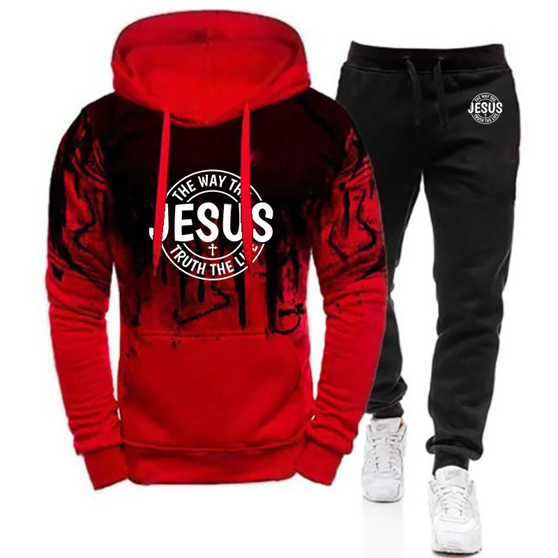 2026 Spring Autumn Men's Jesus Way Truth Life Letter Print Gradient Color Drawstring Fashion Hoodies + Sports Long Pants Suit