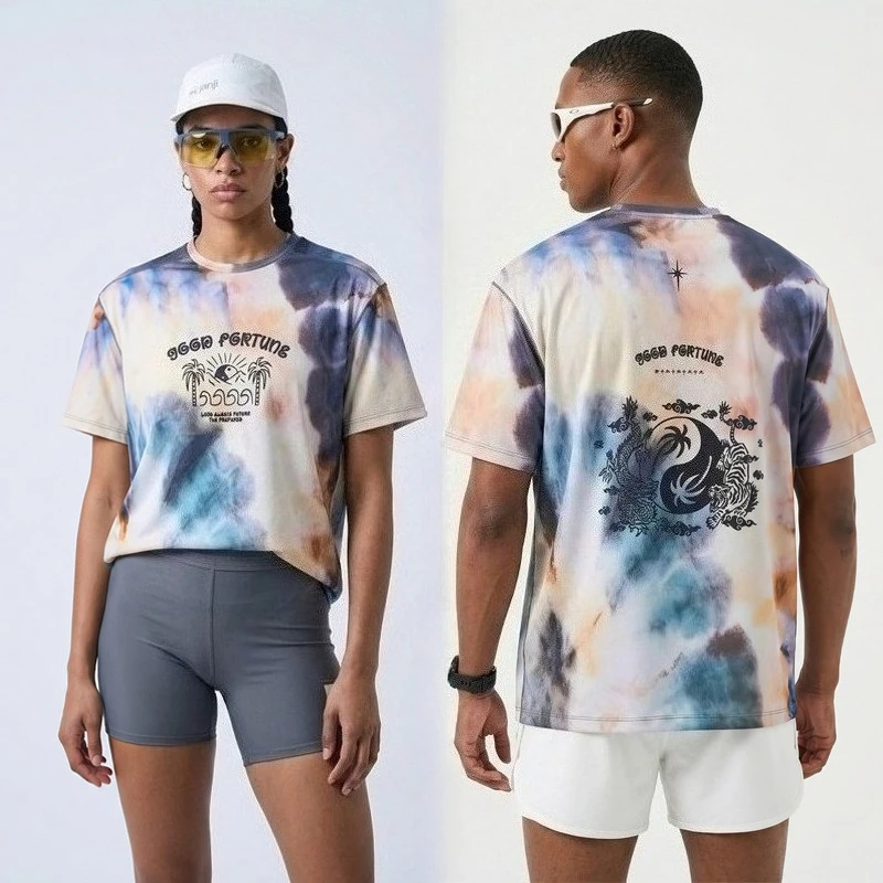 Men's Tie-Dye Totem Print Short Sleeve Running T-Shirt High Stretch Breathable Casual Round Neck Athletic Top Unisex