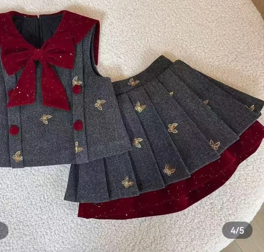 Children Set 2026 Girls New Spring and Autumn Set Vest Fashion Small Fragrance Style Pleated Skirt Two Piece Set