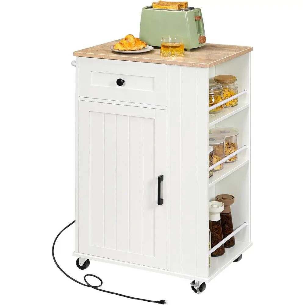 

Mobile Kitchen Island Cart with Power Outlet, Storage and Spice Rack, White & Natural Finish
