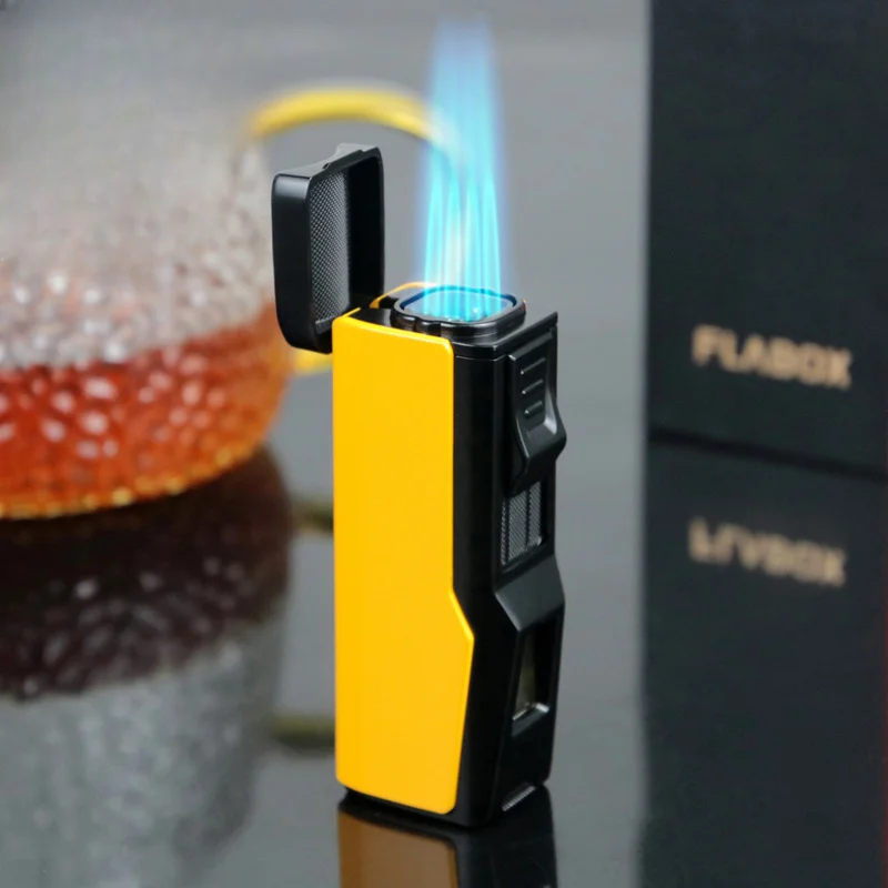 Powerful Four-flame Cigar Gas Lighter with Cigar Mouth Hole Punching Knife Integrated High-end Men's Lighter