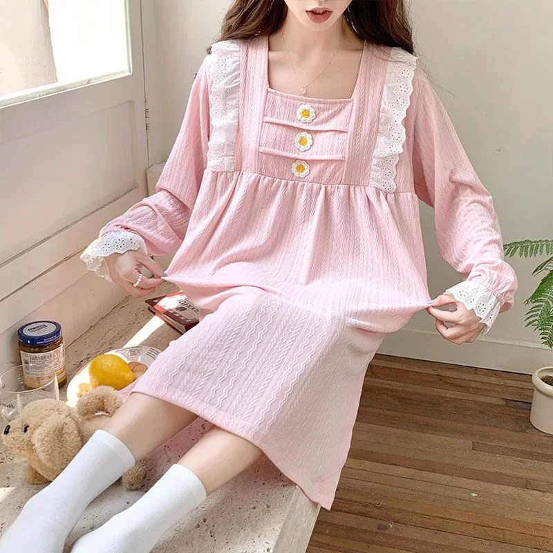 2025 Spring Long Sleeve 100% Cotton Nightgowns for Women Korean Cute Lace Sleepwear Night Dress Nightdress Ladies Home Nighty