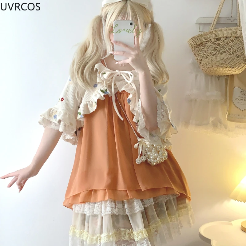 Kawaii Cute Lolita Style Short Cardigan Women Sweet Flower Ruffles Lace-ups Knitted Coat Korean Fashion Casual Crop Cloak Tops