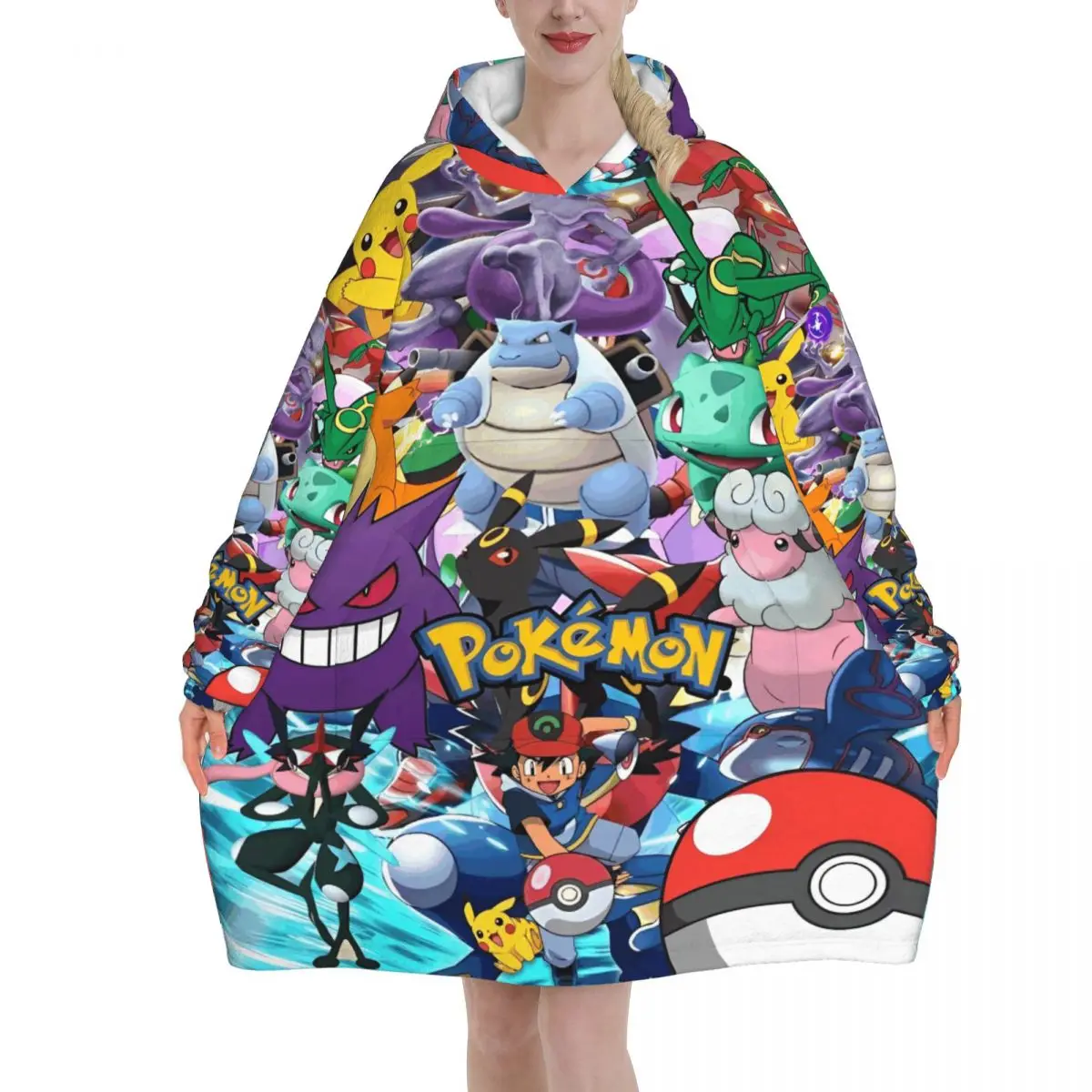 

Носимое одеяло с капюшоном Pokemoned Pikachus для женщин и мужчин, толстовка большого размера, одеяло с карманом