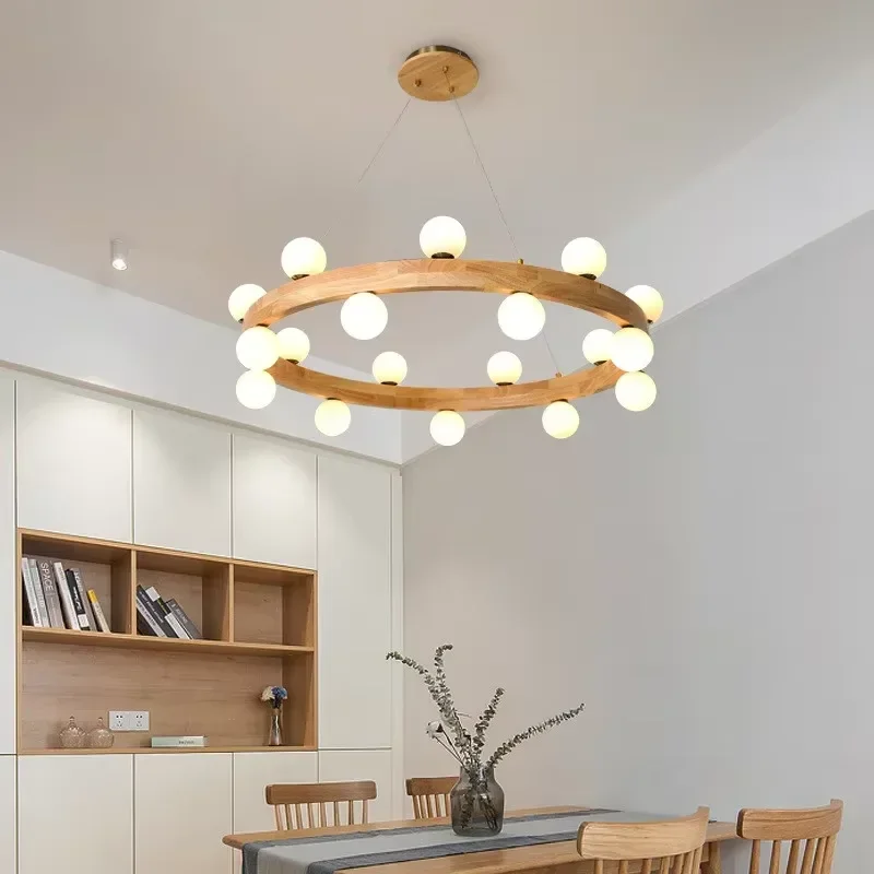 Nordic Walnut Wooden Chandelier Modern Magic Bean Ceiling Chandelier For Living Room Bedroom Indoor Decor LED Circle Chandelier