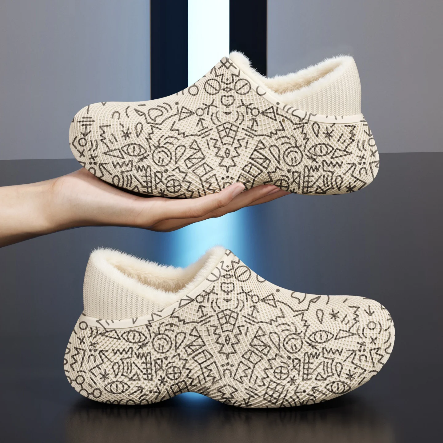 Winterwarme Baumwoll-Hausschuhe für Damen und Herren, wasserdichte EVA-Doodle-Stiefel, mit Fleece gefüttert, dicke Sohle, rutschfest, für drinnen und draußen, Hausschuhe – Detail 6